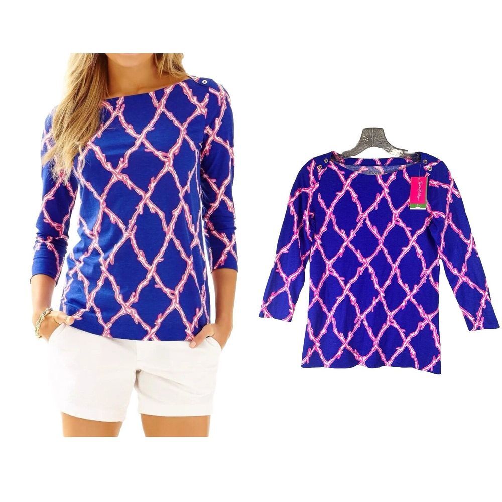 NEW Lilly Pulitzer Alida Top Blue Deep Dive Print SIZE XS Pink And Blue Top $68